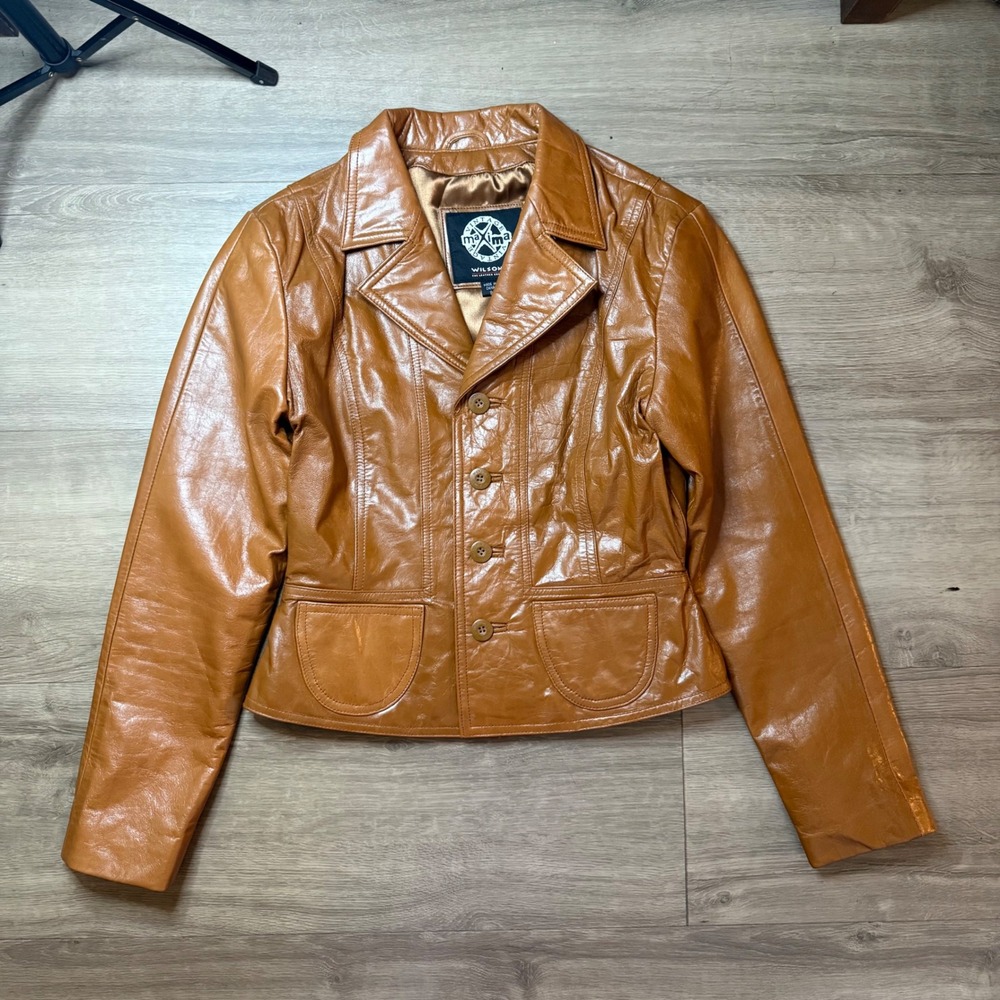 Wilsons Leather Maxima Jacket Women S Cognac Brown Vintage Button Front Blazer